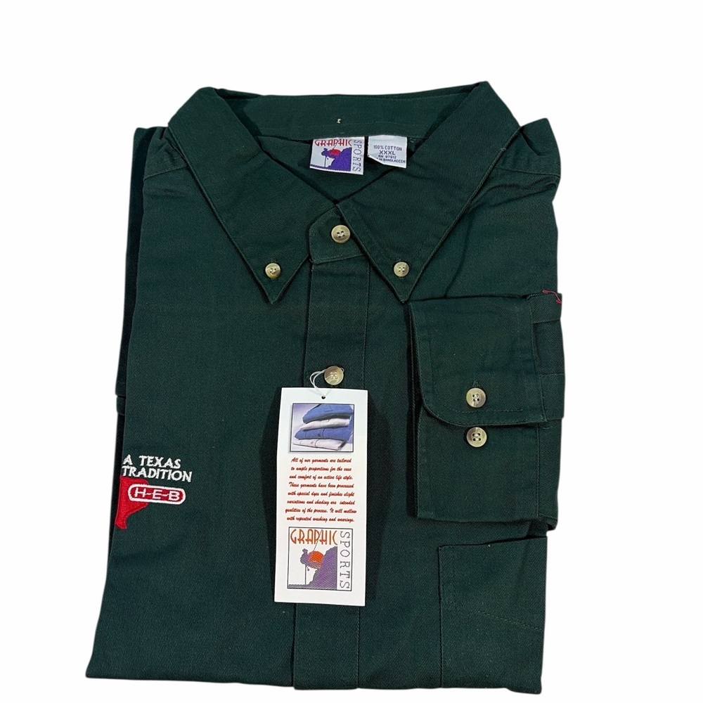 Graphic Sports HEB Grocery  Shirt Button Down Mens XXXL Green Logo 100% Cotton